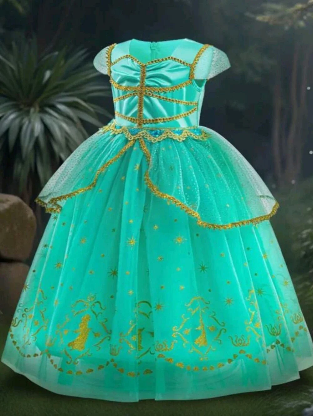 Girls' Teal Princess Tulle Dress with Gold Accents